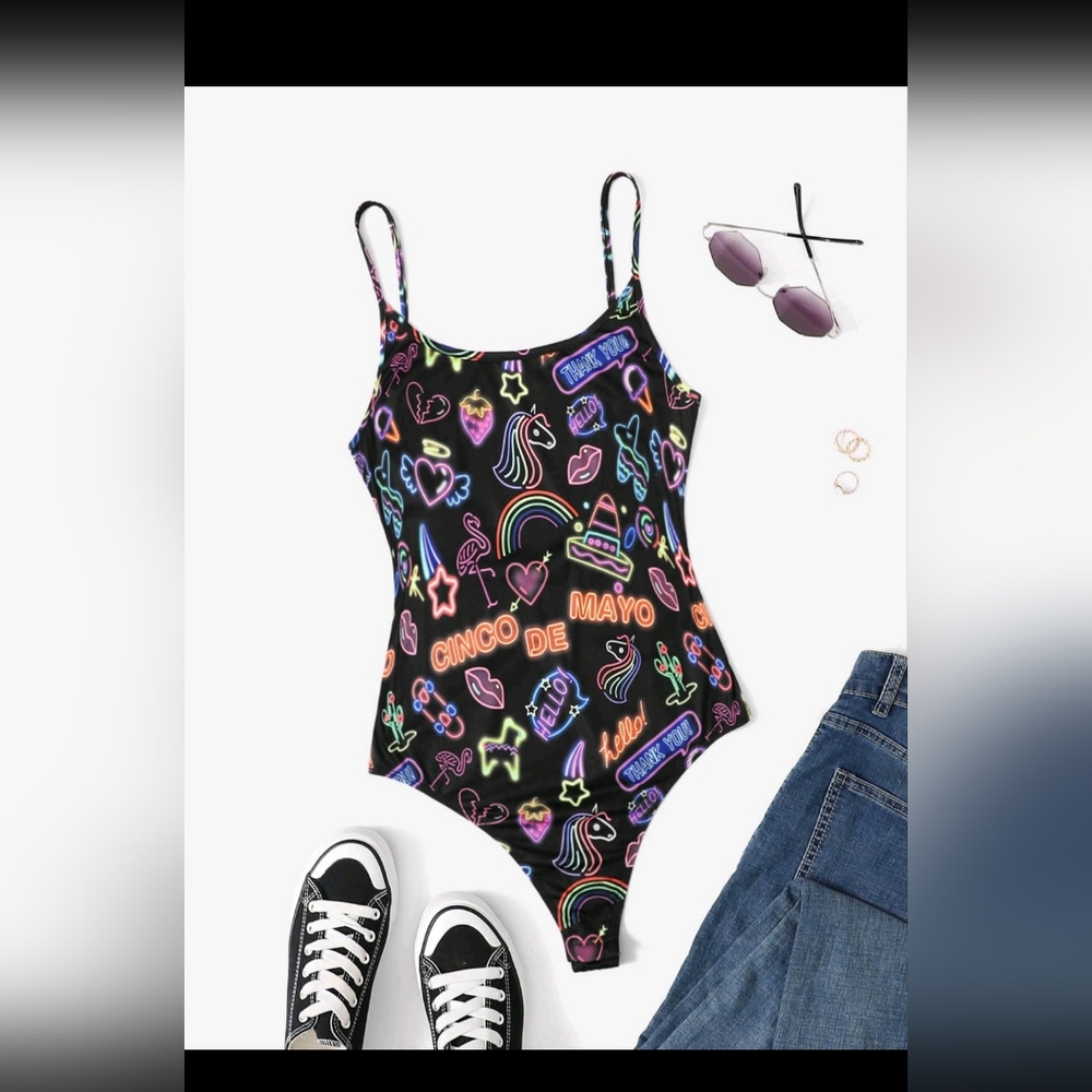 Neon Print Open Back Cami Bodysuit